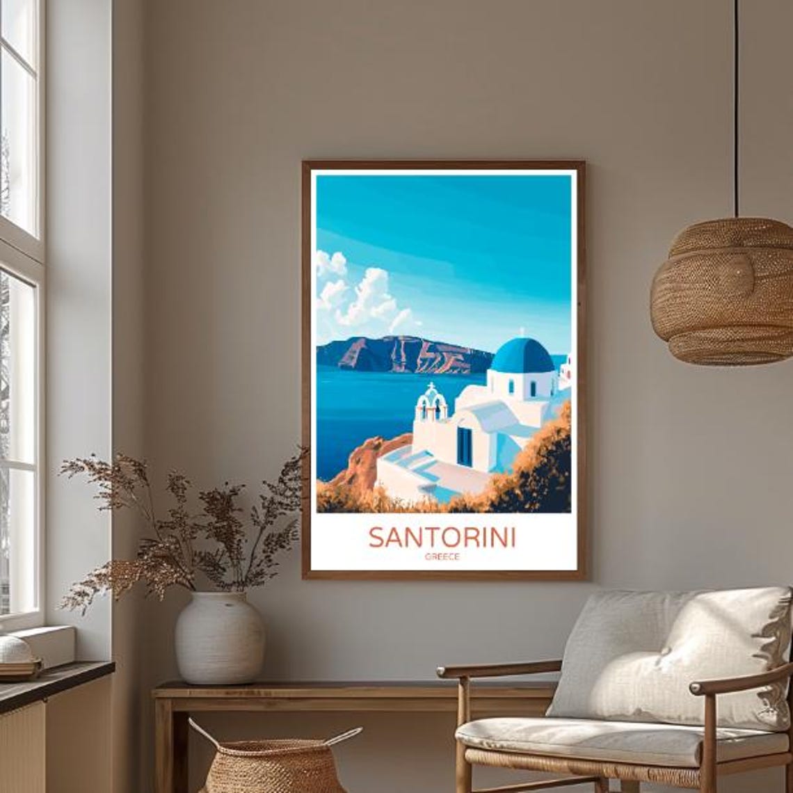Santorini Greece Travel Poster With White And Blue Domed Church - Image 3