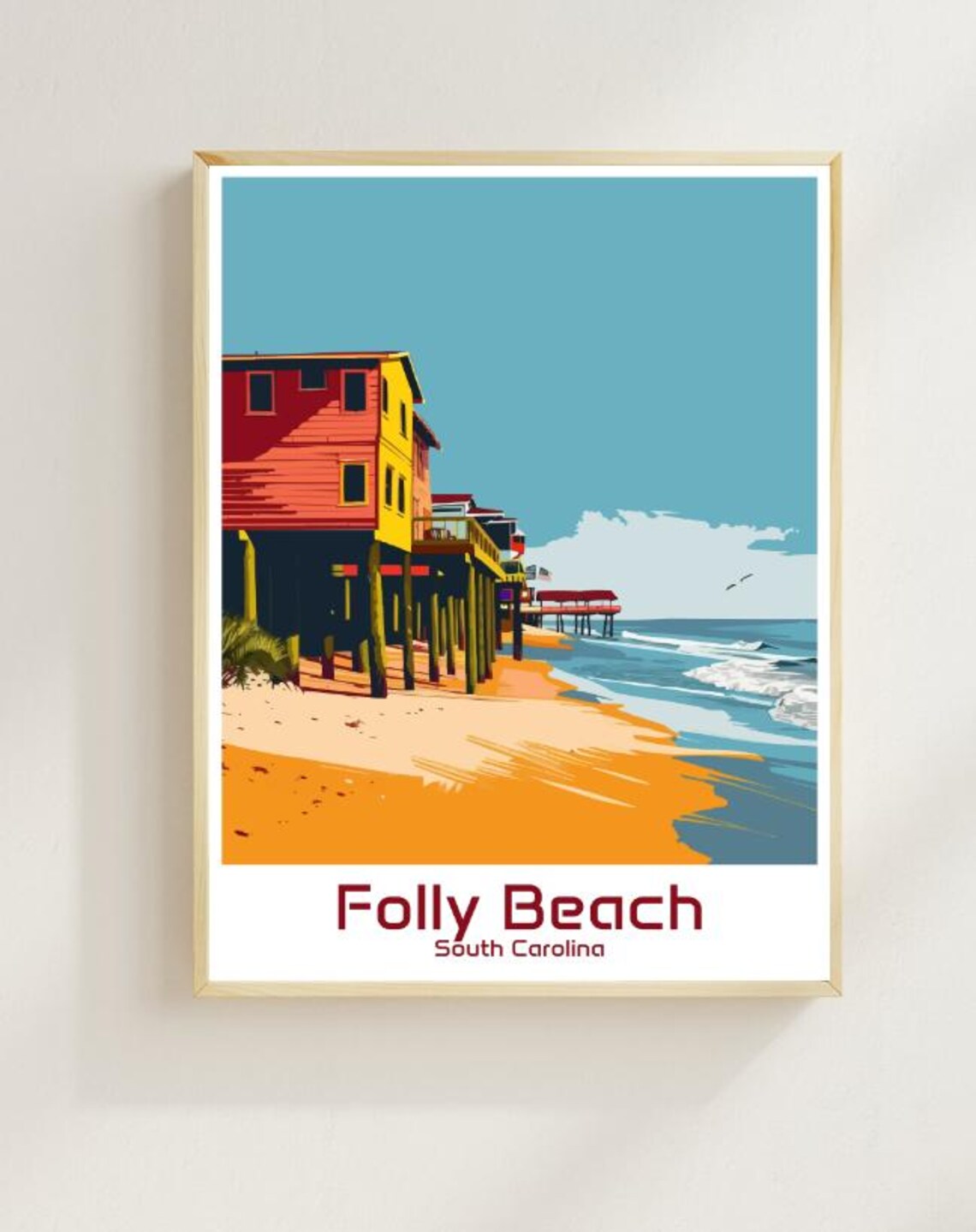 Folly Beach South Carolina Stilt Houses Pier Retro Travel Poster