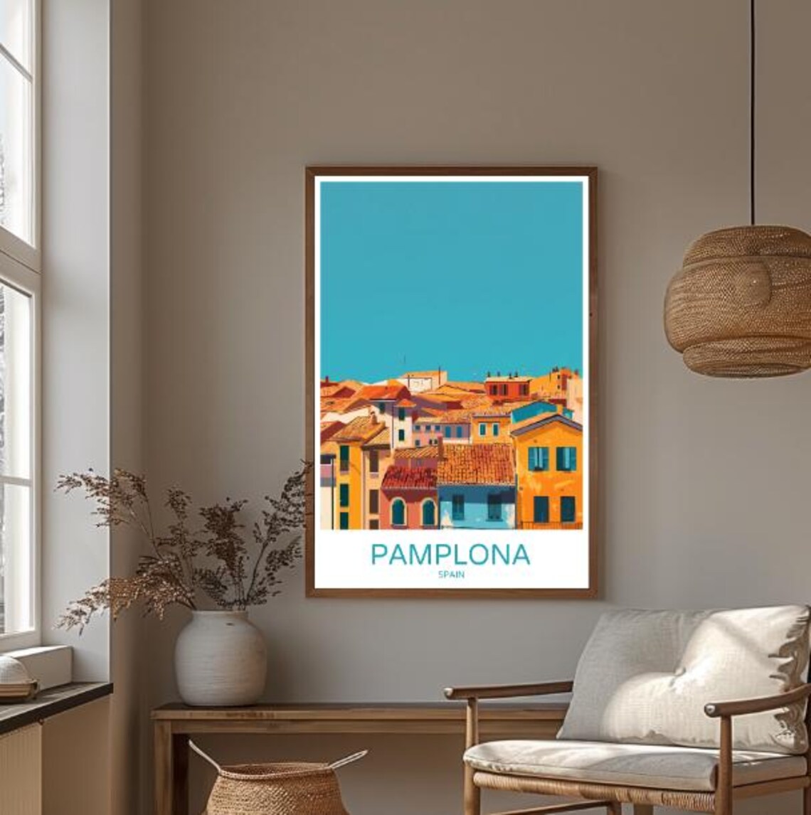 Pamplona Spain Travel Poster Colorful Rooftops Under Teal Sky - Image 3