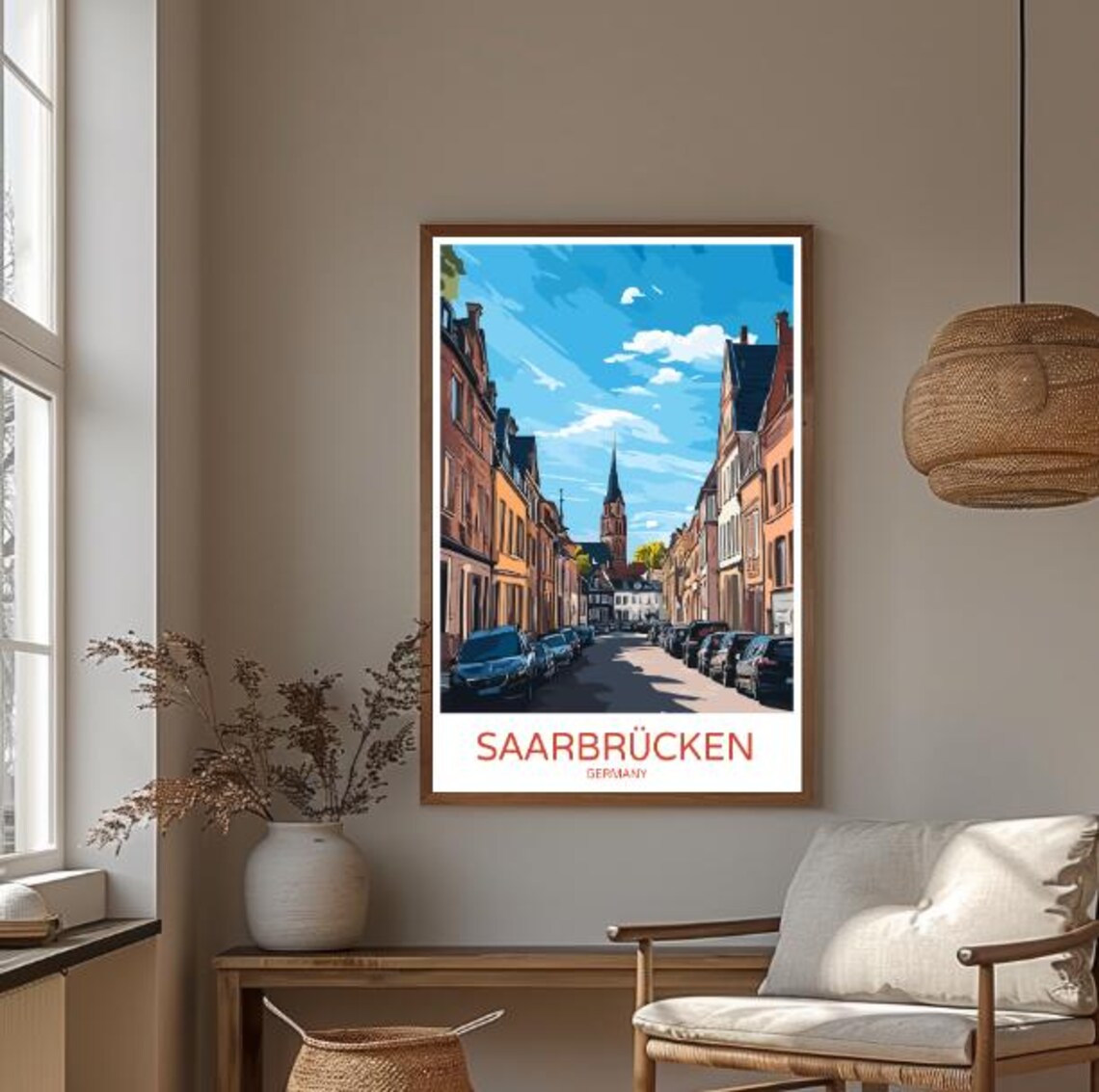 Saarbrucken Germany City Street Poster With Church Spire Blue Sky - Image 3