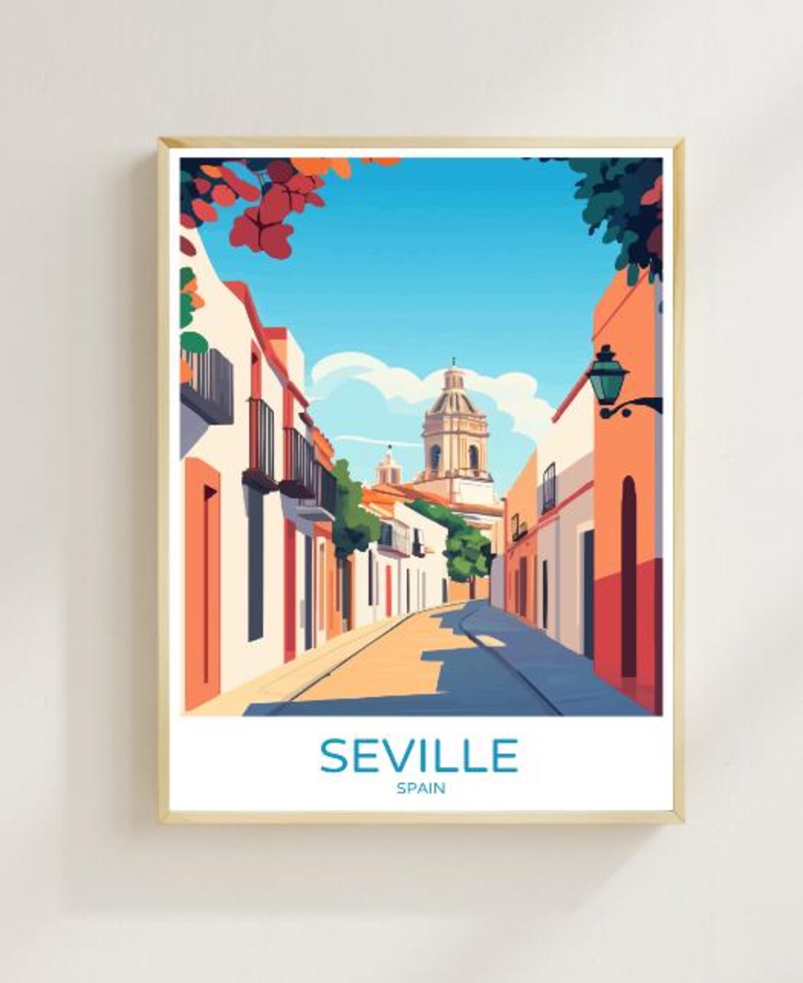 Seville Spain Travel Poster Sunlit Street And Church Tower View