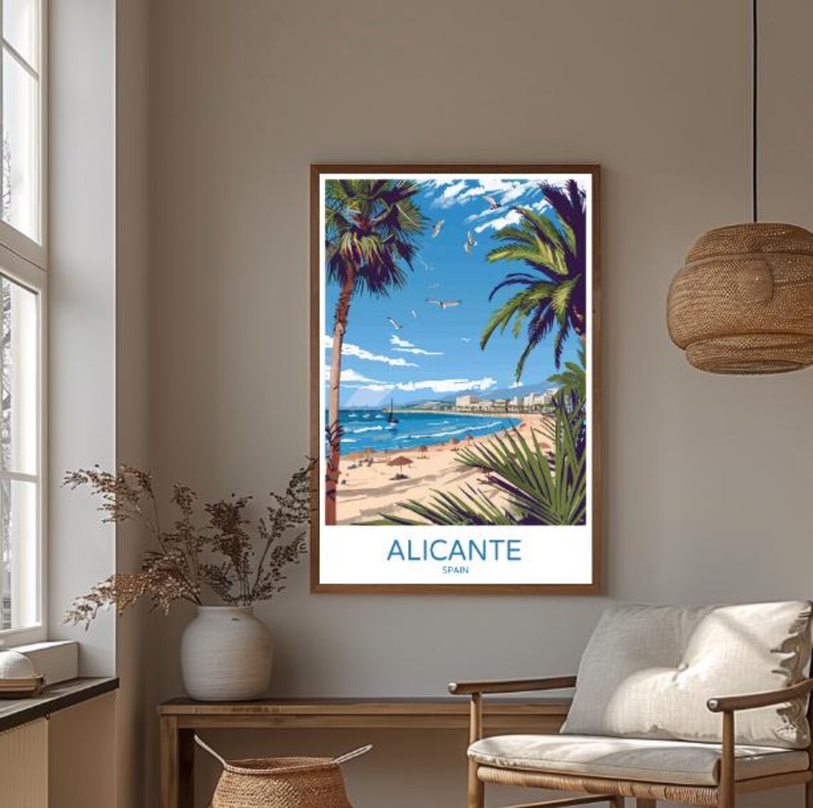 Alicante Spain Palm Framed Beachfront and City Travel Poster - Image 3
