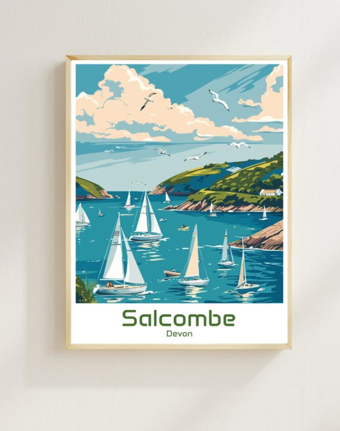 Salcombe Devon Estuary Sailboats and Seagulls Summer Day Travel Poster
