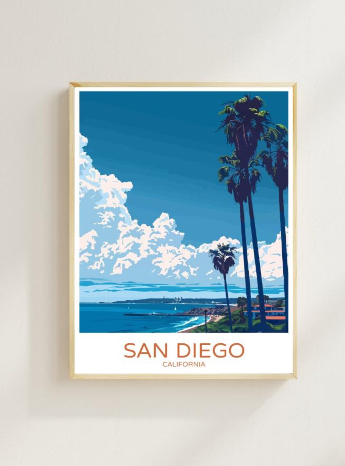 San Diego Palm Trees Over Ocean Colorful Illustrated Travel Poster