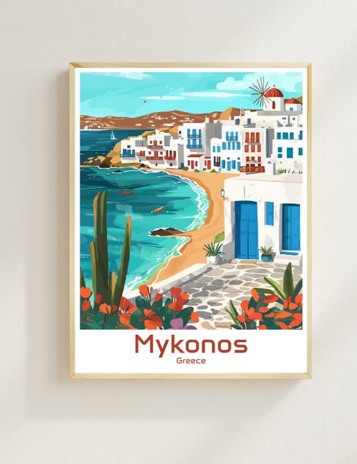 Mykonos Greece Whitewashed Town Windmill Turquoise Beach Poster