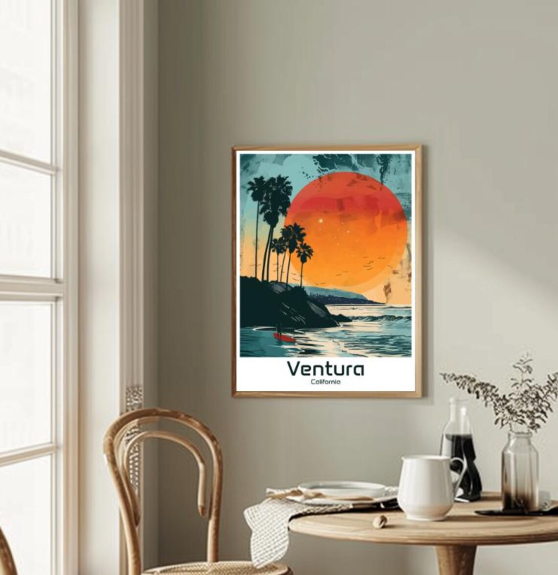 Ventura California Beach Sunset with Surfer Retro Travel Poster - Image 2