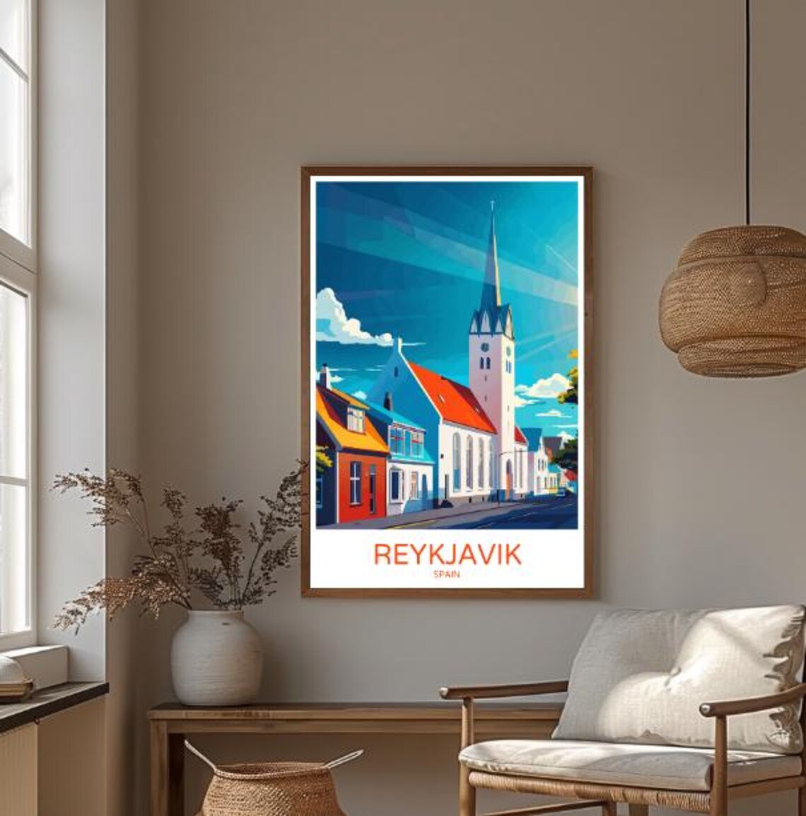 Reykjavik Spain Colorful Church Street Sunny Day Travel Poster - Image 3