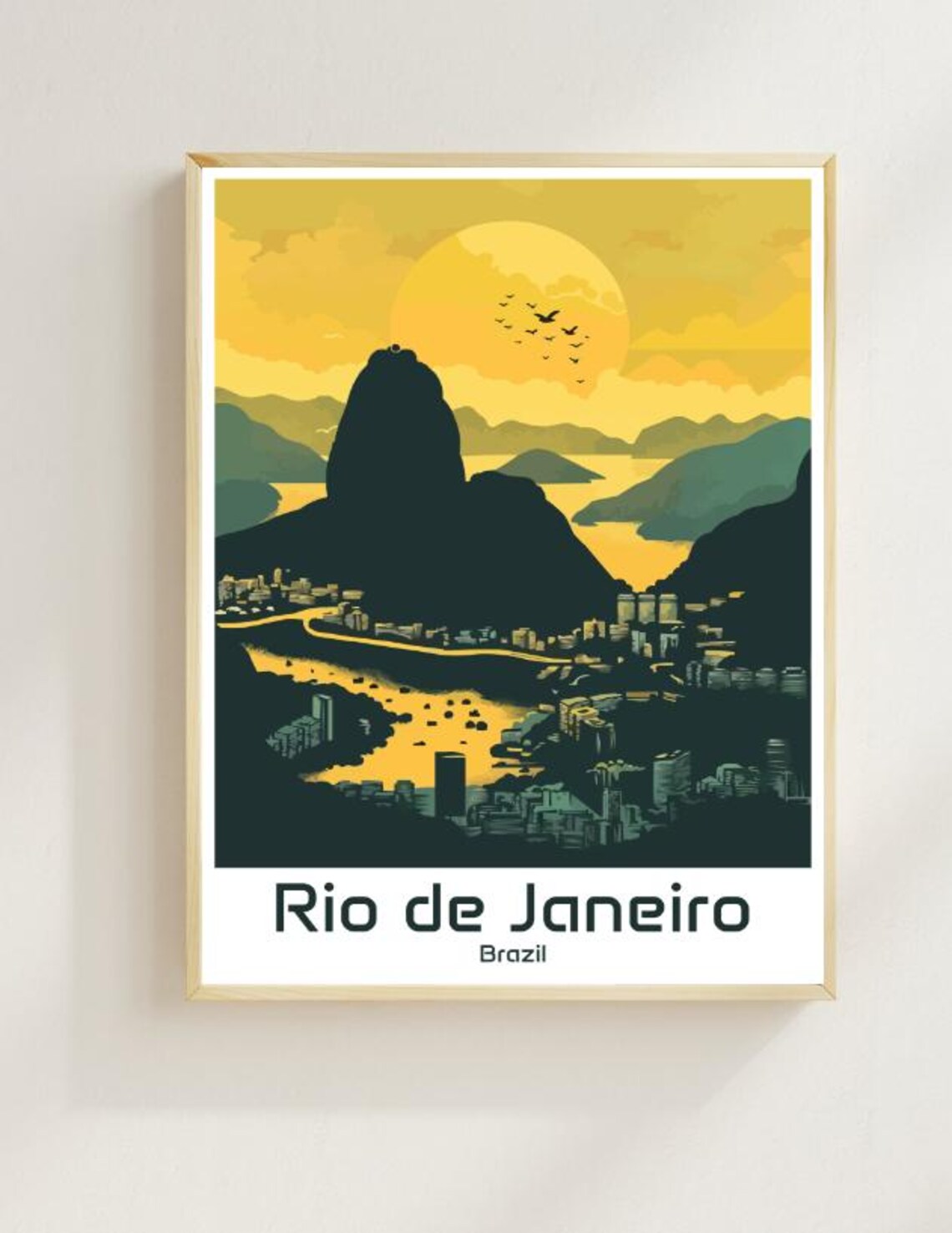 Rio de Janeiro Brazil Sunset Mountain Skyline Golden City Travel Poster