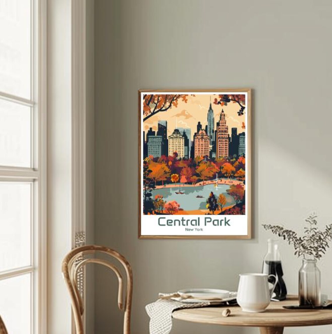 Central Park New York Autumn Lake Rowboats Skyline View Poster - Image 2