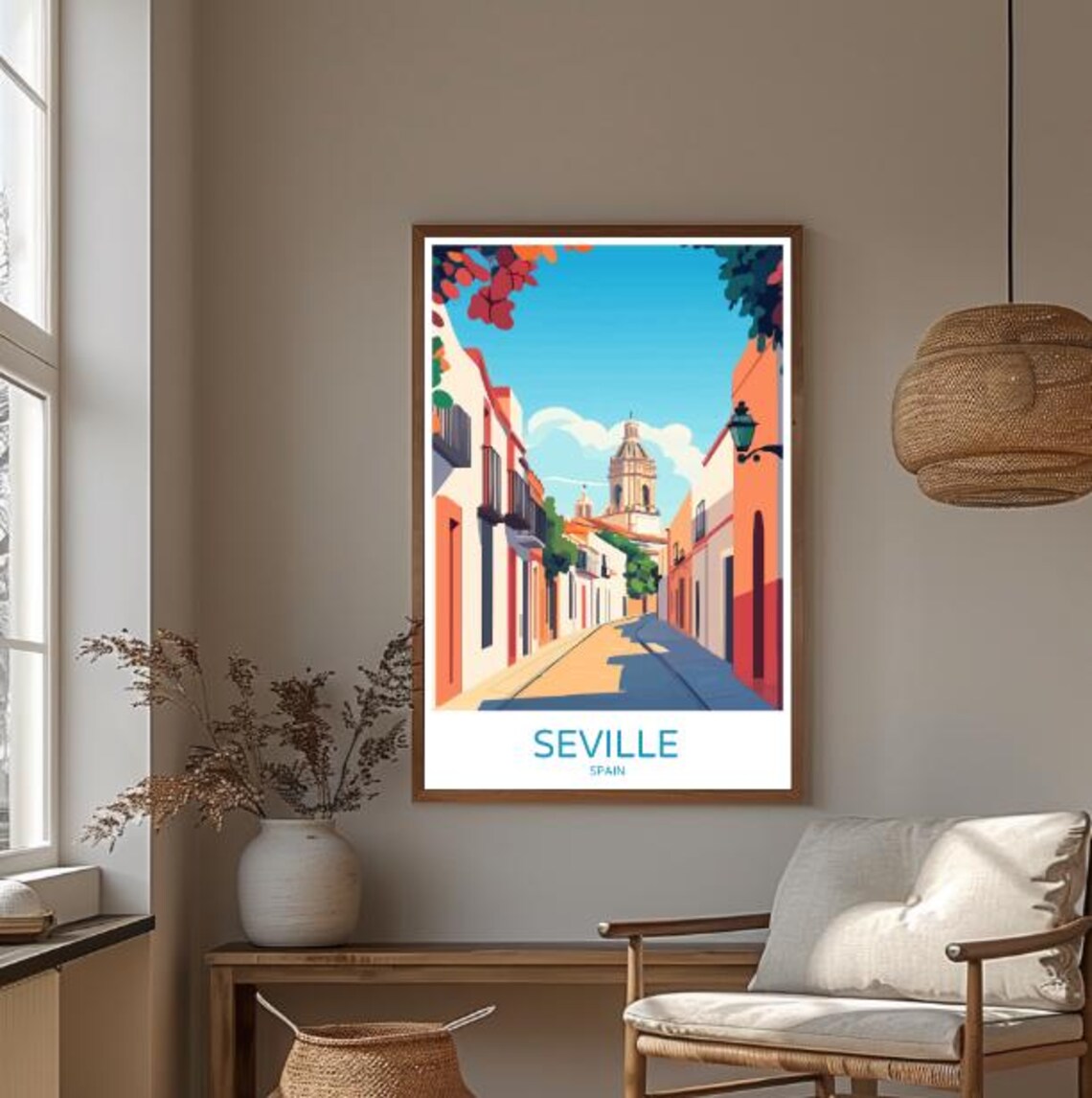 Seville Spain Travel Poster Sunlit Street And Church Tower View - Image 3