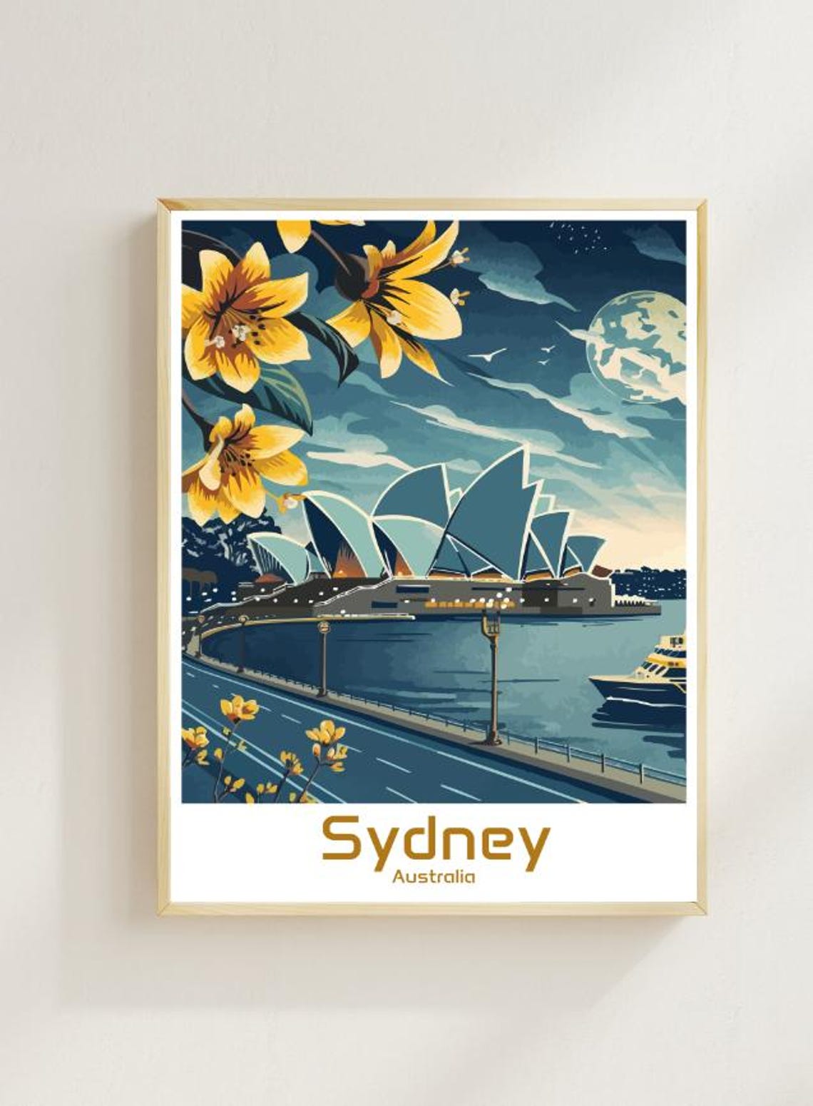 Sydney Opera House Moonlit Harbour Night Scene Vintage Poster