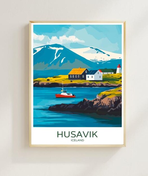 Husavik Iceland Travel Poster Whale Watching Wall Art Scenic Nordic Landscape Print Northern Lights Decor Coastal Artwork