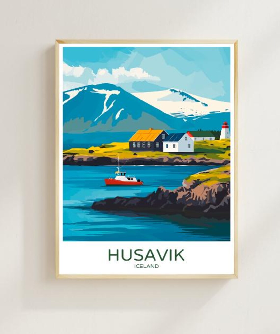 Husavik Coastal Cottages Lighthouse Snowy Peaks Iceland Poster