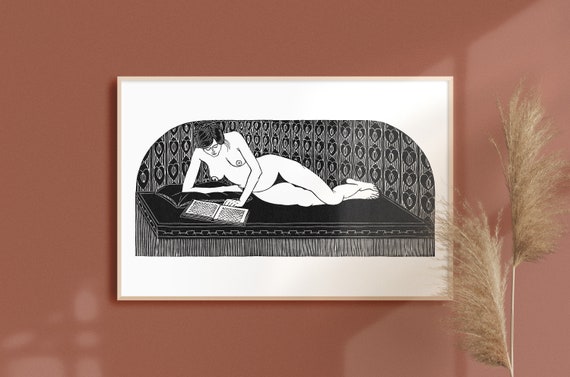Vintage Woman Reading, Woodblock Style Art Print