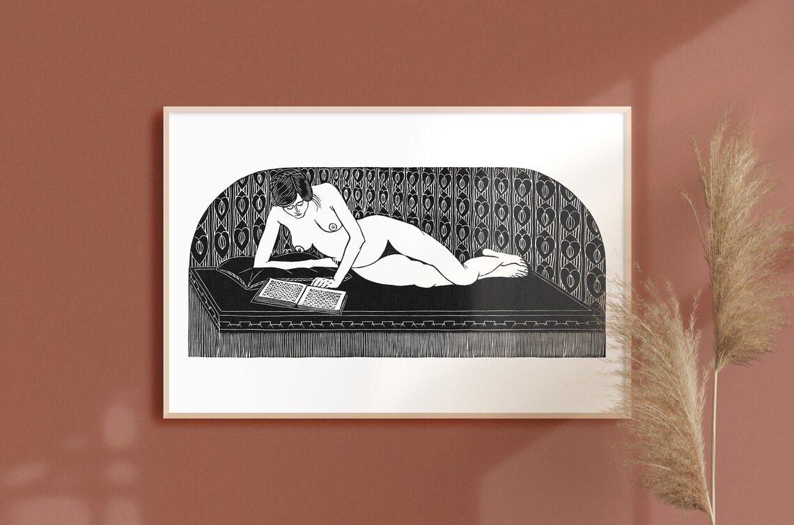 Vintage Woman Reading, Woodblock Style Art Print