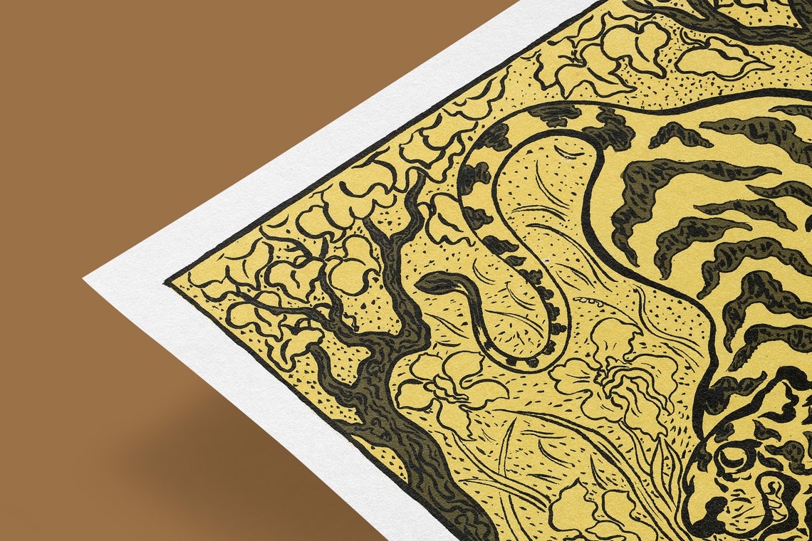 Golden Tiger Prowling Through Black Woodcut Jungle Art Nouveau Poster - Image 3