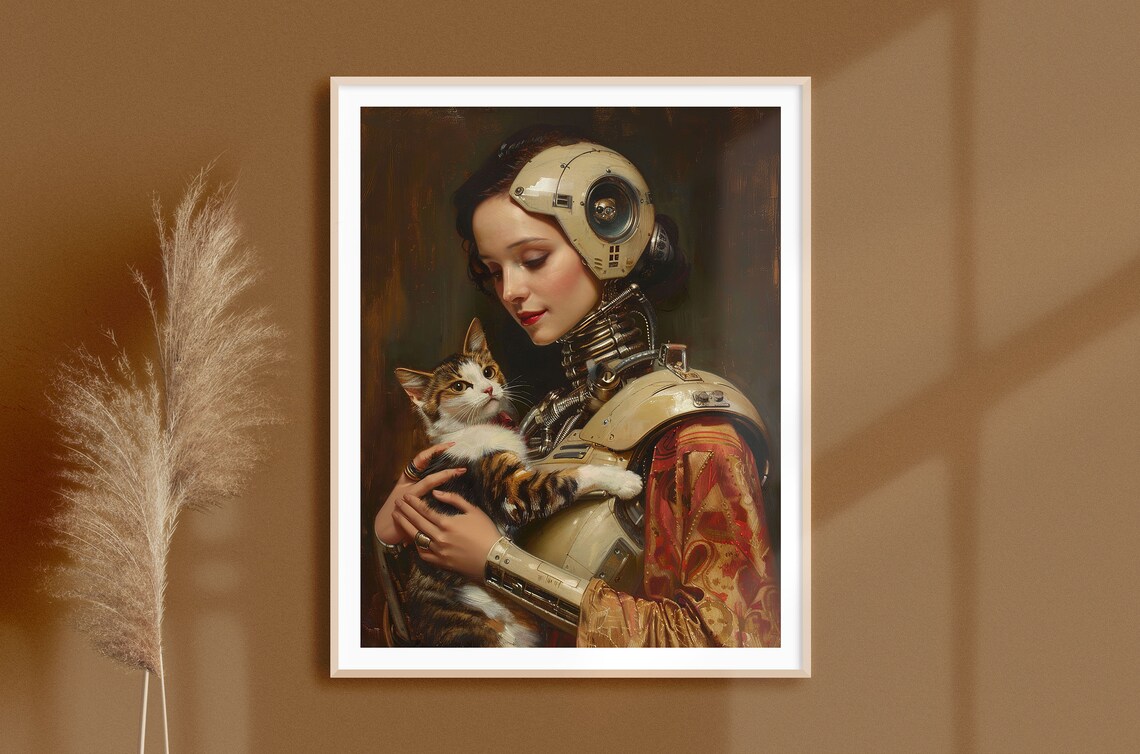 Vintage Steampunk Robot Woman Holding Cat Art Print - Image 3