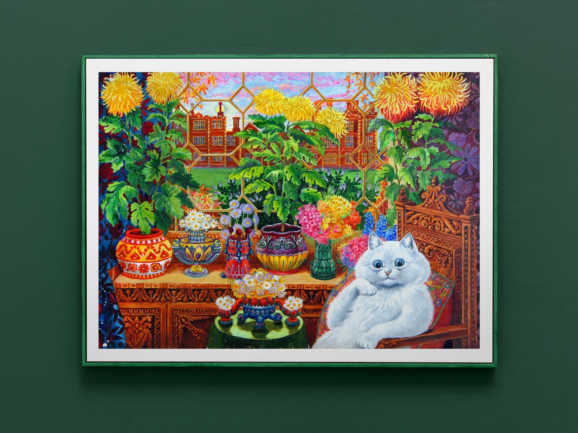 Louis Wain-Inspired Cat in a Garden Art Print