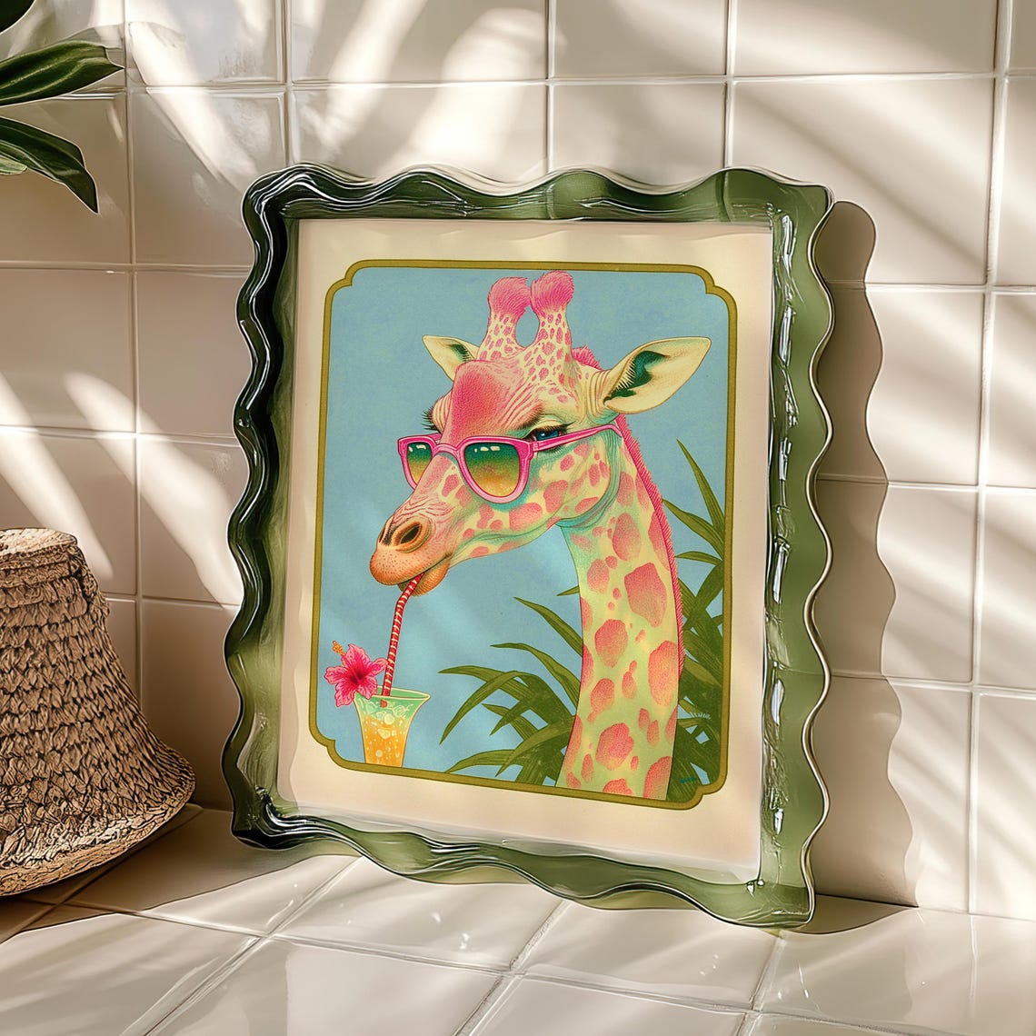 Giraffe With Pink Sunglasses Sipping a Tropical Cocktail Poster - Image 2