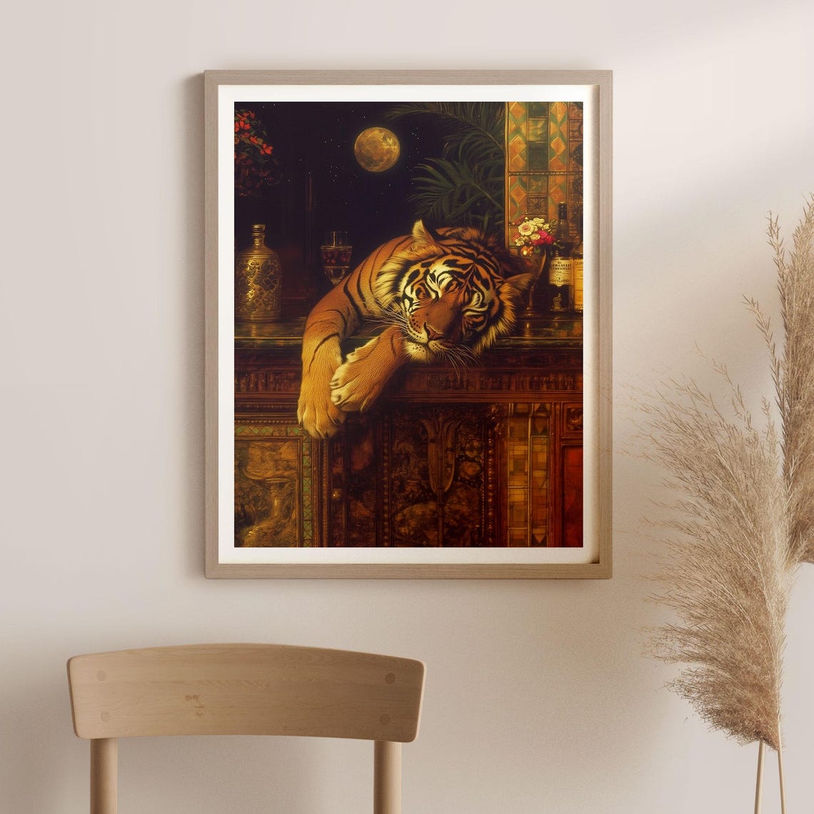 Vintage Style Sleeping Tiger Fine Art Print Moody Bar Decor Tiger Wall Art Moon Wall Art - Image 2