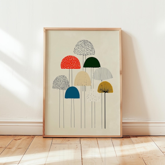 Midcentury Mushroom Stems Colorful Stylized Fungi Retro Botanical Art Poster