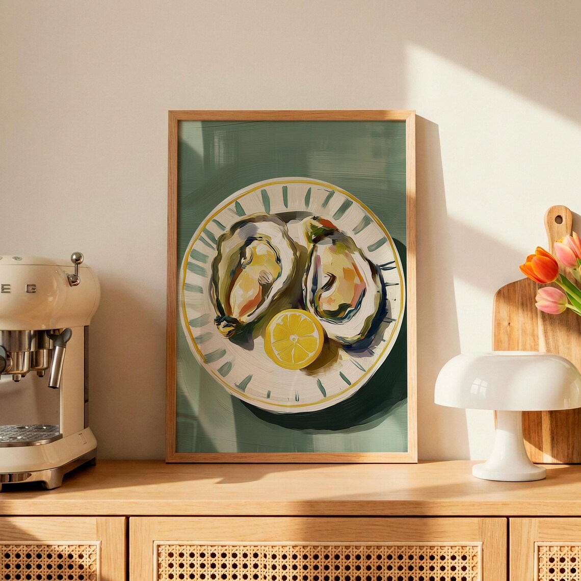 Oysters and Lemon Painting, Abstract Coastal Kitchen Decor