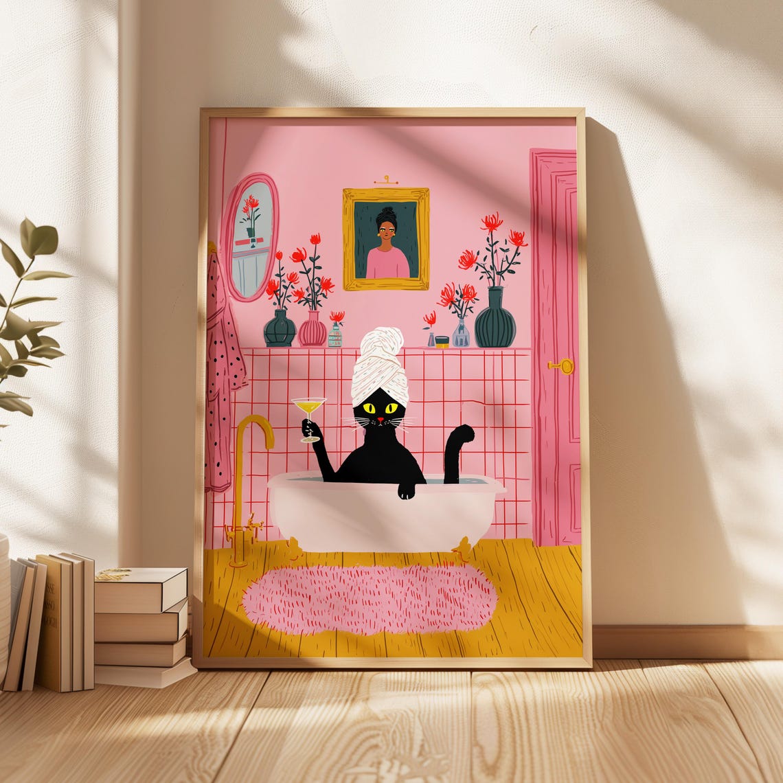 Black Cat Bathroom Wall Art Funny Bathtub Poster Pink Decor Lover Gift