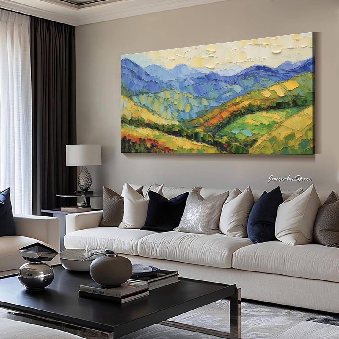 Rolling Hills Blue Mountains Golden Valley 3D Impasto Wall Art - Image 2