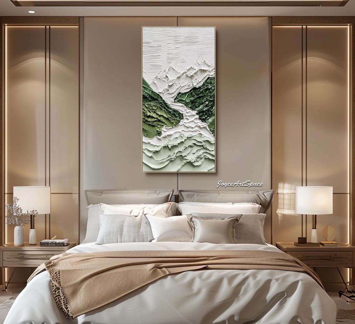 Green White Snowy Mountain Valley Textured 3D Vertical Art Poster - Image 4