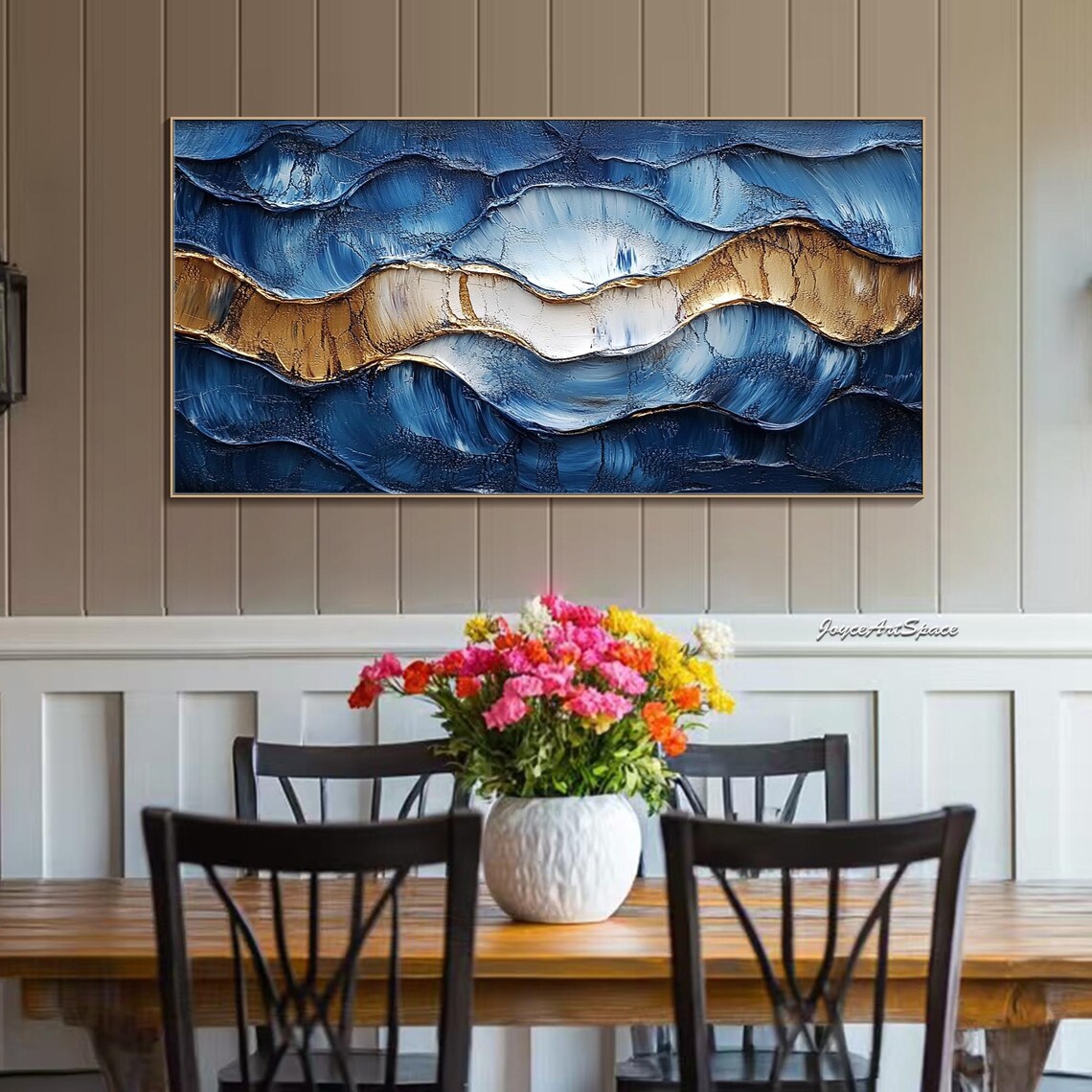 Navy Blue Gold Abstract Wave Impasto Oil Painting Luxury Ocean Wall Art - Image 3
