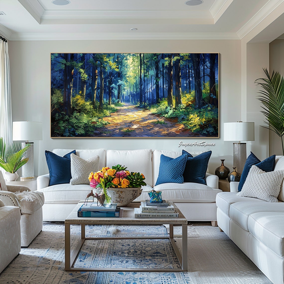 Sunlit Blue Forest Path Golden Light Textured 3D Landscape Poster - Image 3