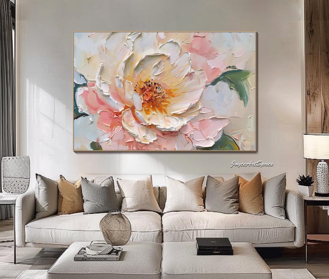 Pink Peony Blossom Close Up Soft Pastel 3D Impasto Floral Wall Art - Image 4