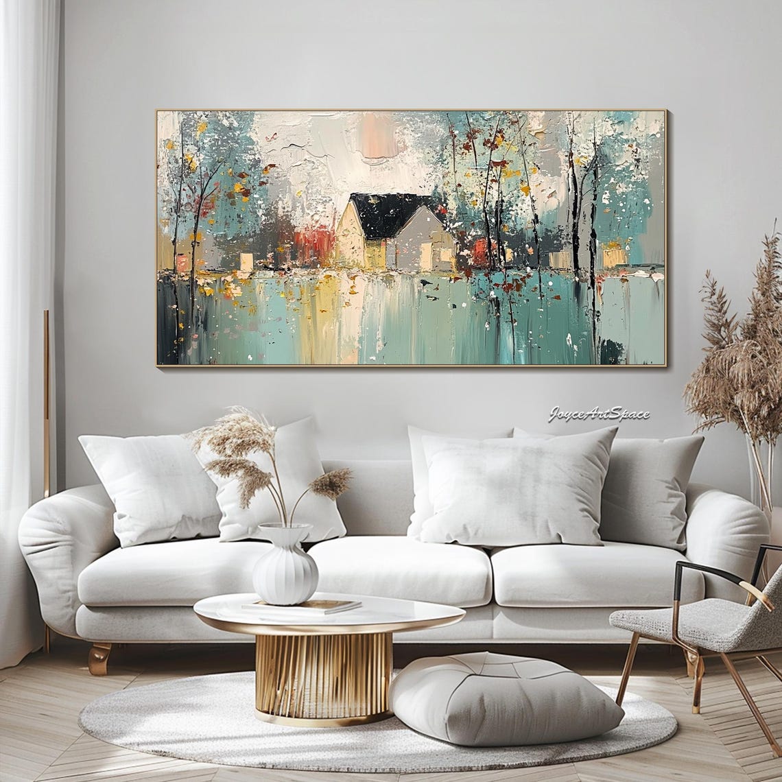 Cottage By Teal Water Abstract Textured 3D Lakeside Art Poster - Image 3