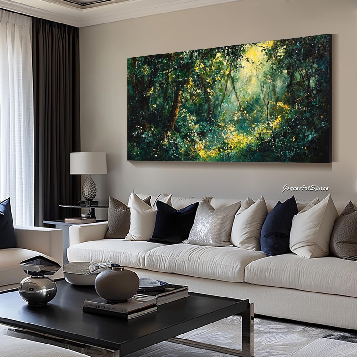 Green Forest Sunbeam Textured 3D Landscape Oil Painting Poster - Image 5