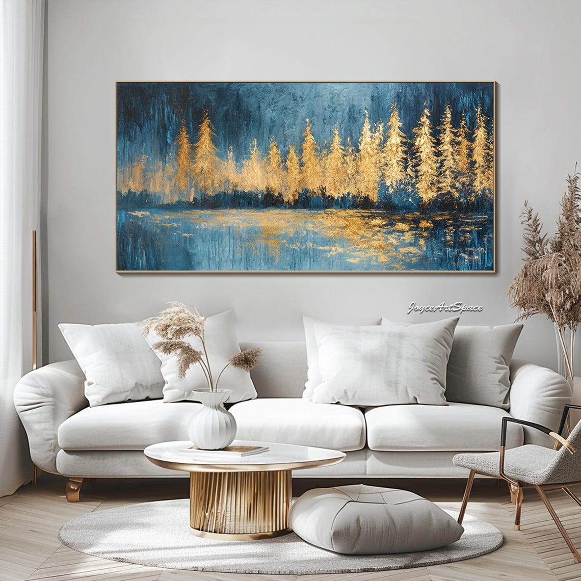 Golden Pine Trees Blue Night Reflection 3D Textured Wall Art - Image 4