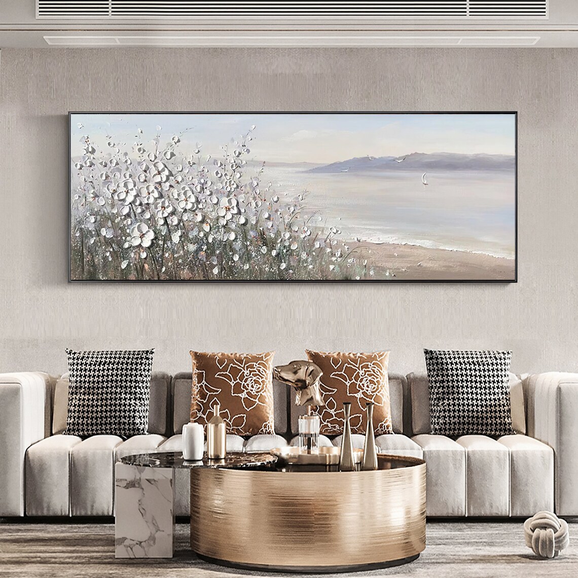 White Flowers By The Water Seascape Sailboat 3D Textured Art Poster - Image 3