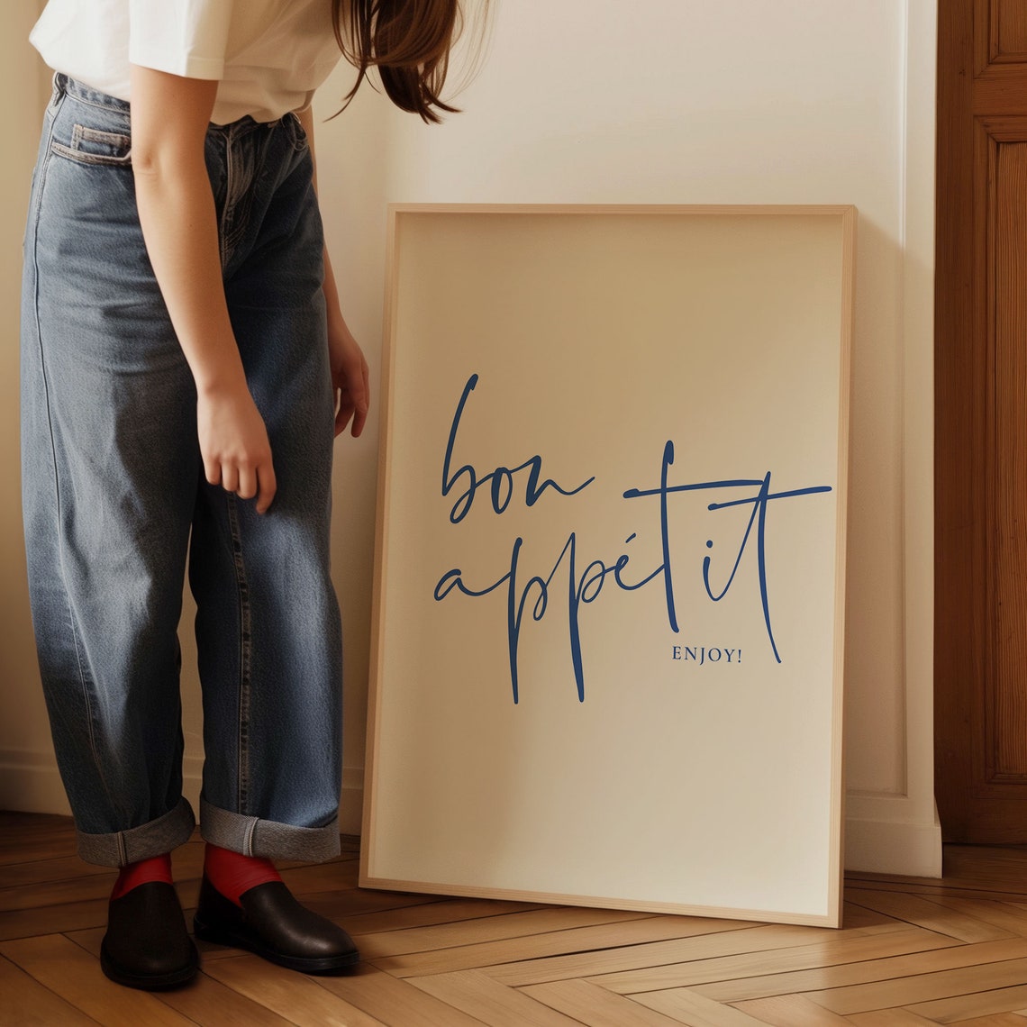 Bon Appetit Enjoy Blue Script Minimalist French Kitchen Dining Poster - Image 5