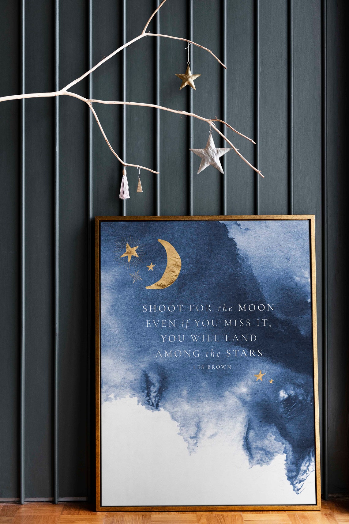 Shoot For The Moon Les Brown Quote Blue Watercolor Night Sky Poster - Image 4