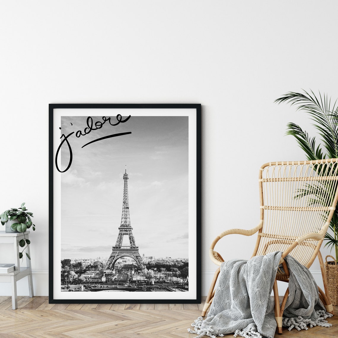 Eiffel Tower Paris France Monochrome J Adore Script Wall Poster - Image 5