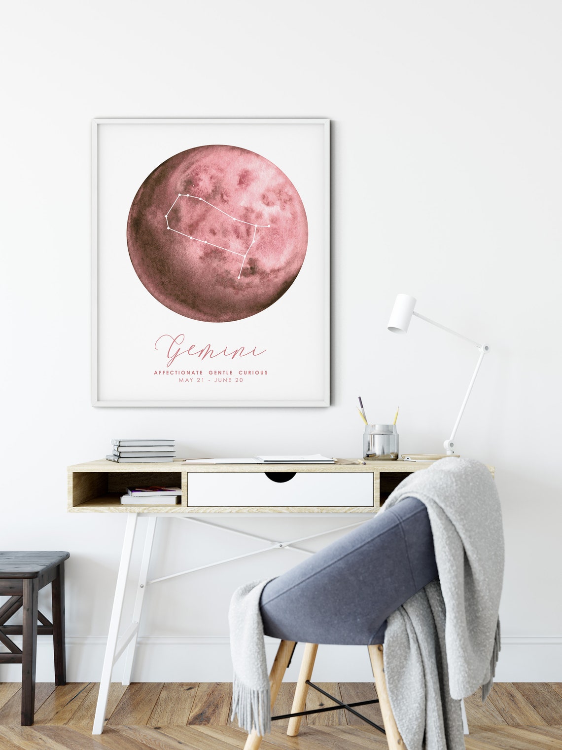 Gemini Zodiac Pink Watercolor Moon Constellation Horoscope Art Poster - Image 2