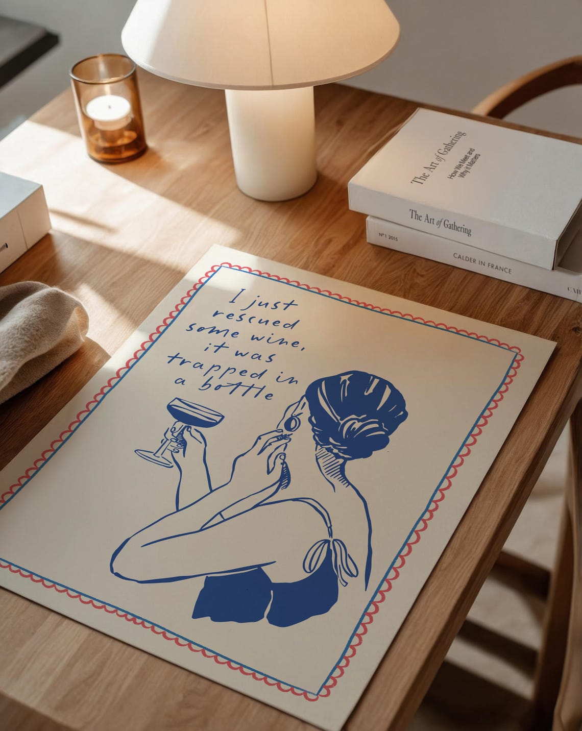 Funny Wine Rescue Quote Blue Line Art Woman Kitchen Wall Art Print - Image 2