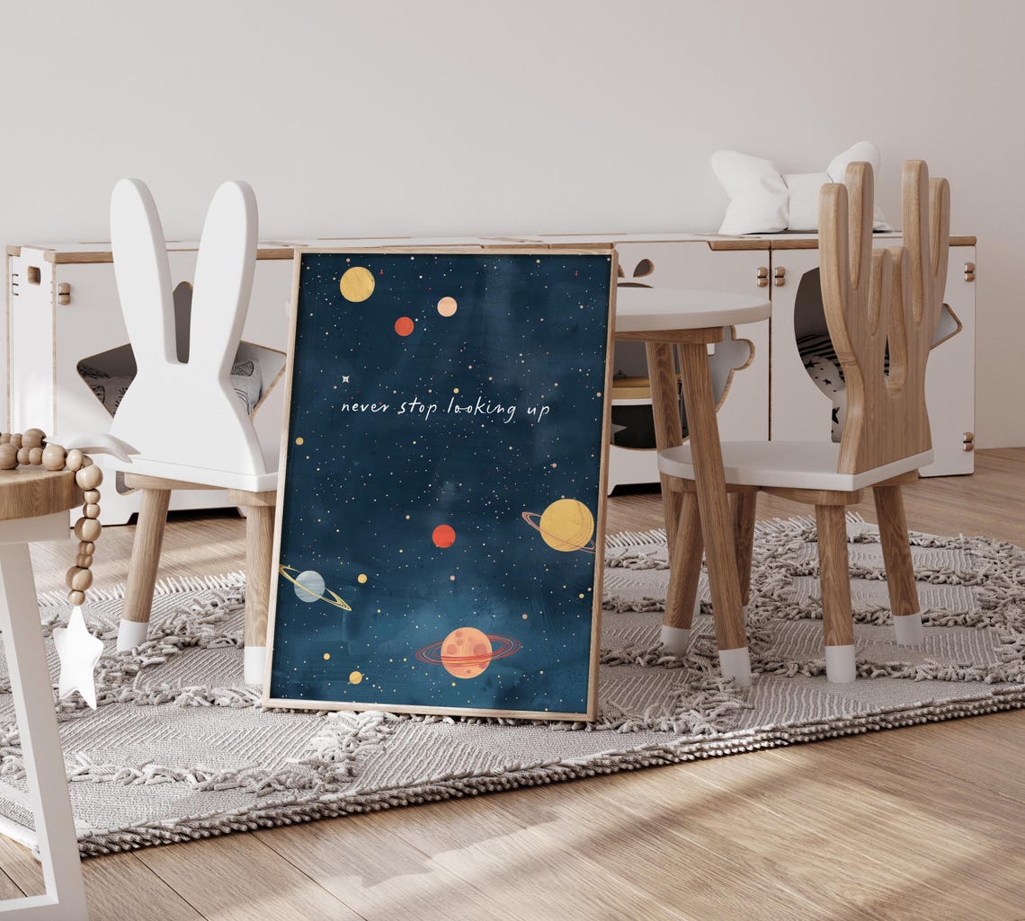 Never Stop Looking Up Solar System Planets Navy Nursery Wall Poster - Image 4