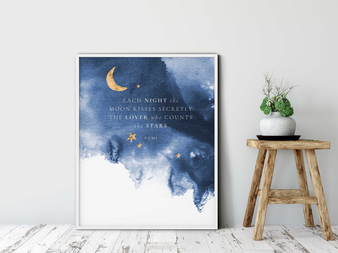 Rumi Moon Kisses Secretly Lover Night Sky Watercolor Quote Wall Art Print - Image 5