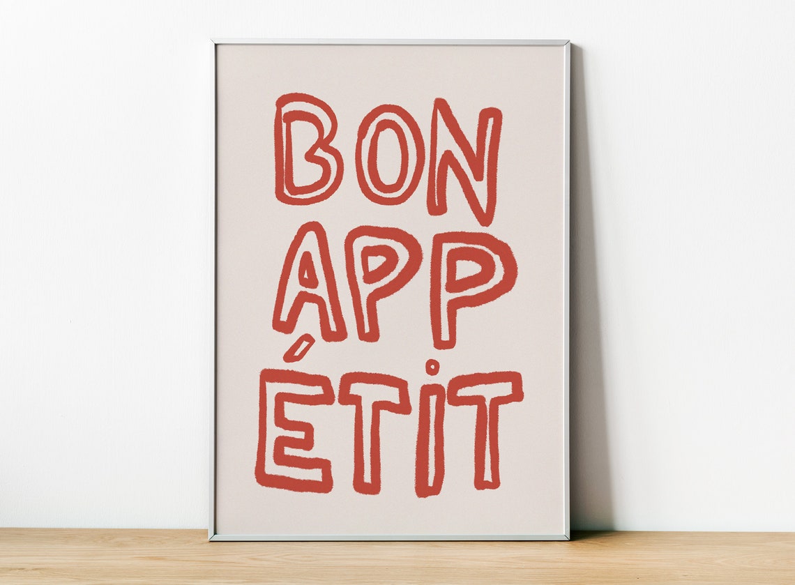 Bon Appetit French Typography Red Letters Minimalist Kitchen Poster