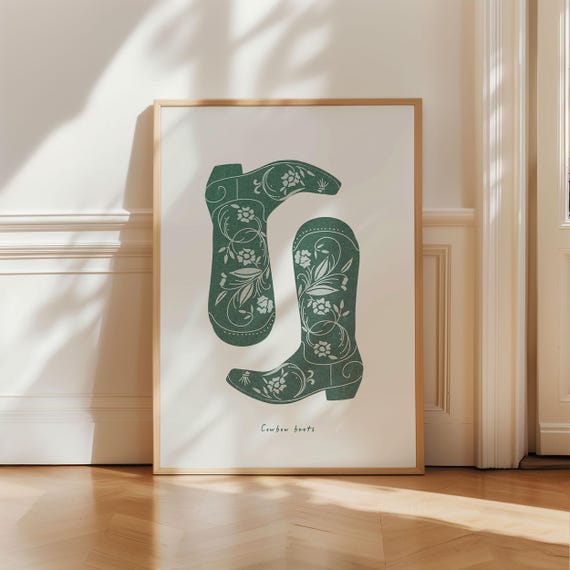Green Olive Cowboy Boots Print Southern Wall Art Poster Rodeo Vintage Western Cowgirl Art Aesthetic Trendy Green Home Decor Wild West