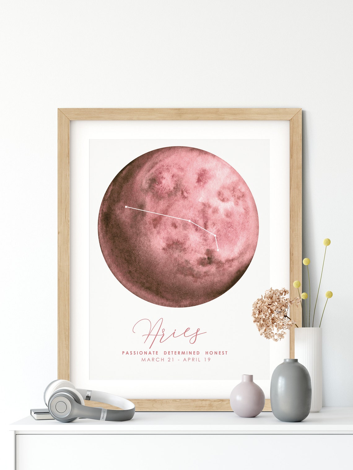 Aries Zodiac Constellation Pink Moon Watercolor Horoscope Print Poster - Image 4