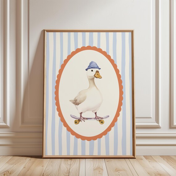 Skater Goose Skateboard Hat Coral Oval Blue Stripe Nursery Poster