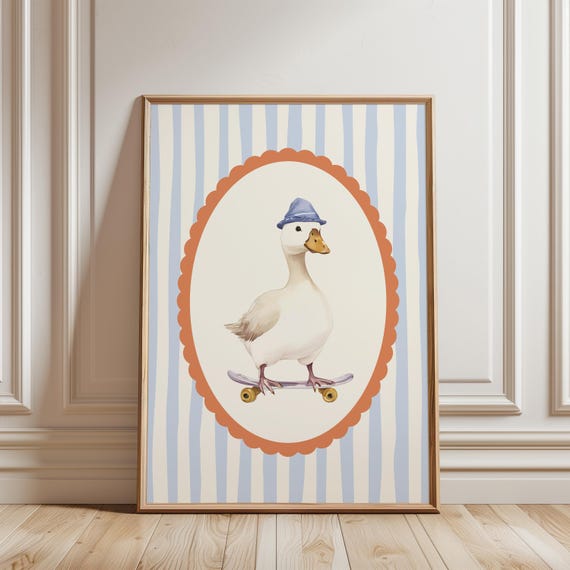 Skater Goose Wall Art Cute Poster Animal Baby Blue Nursery Boy Rom Kids Room