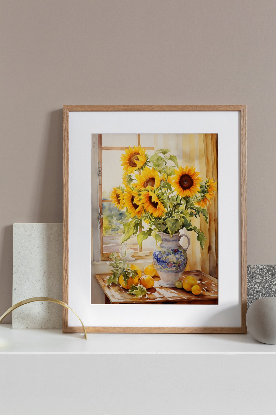 Sunflowers in Painted Vase by Window Watercolor Still Life Poster - Image 3