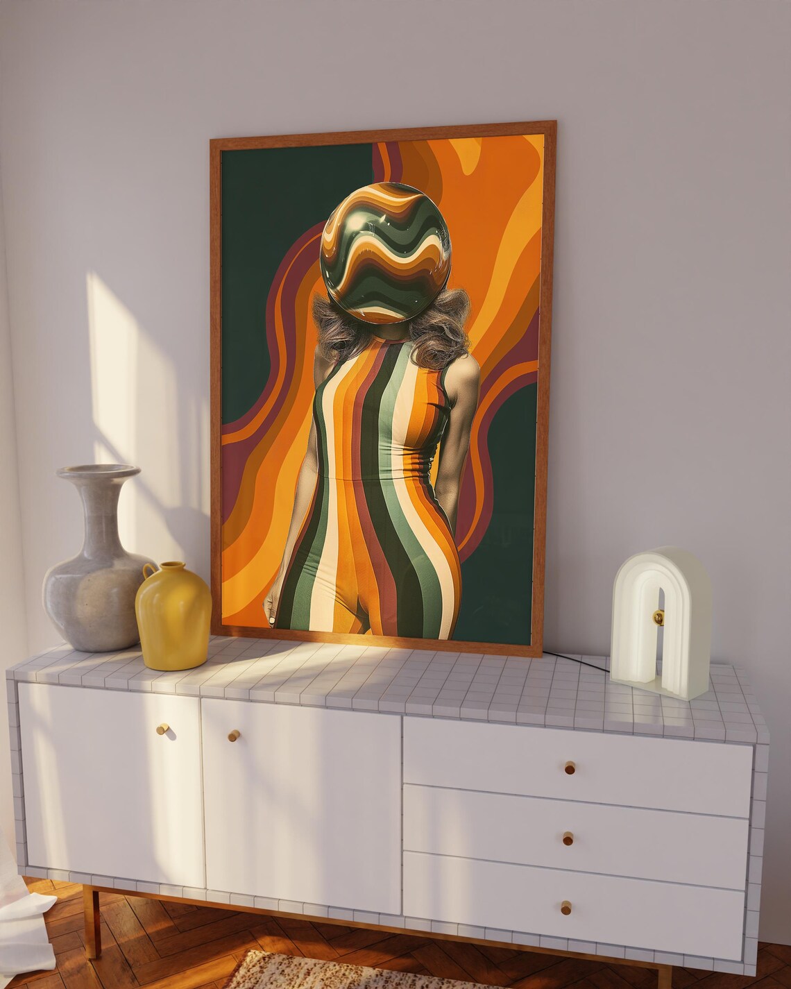 Psychedelic Striped Woman with Swirling Wavy Mirror Head Art Poster - Image 3